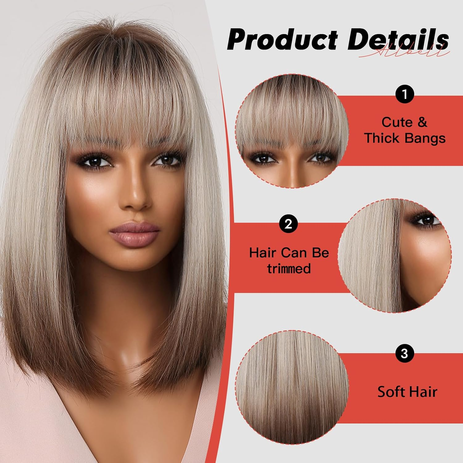 Allbell Brown Blonde Ombre Bob Wigs for Women Cosplay Wig with Bangs Dark Roots Grey Natural Hair Synthetic Wig image number 4