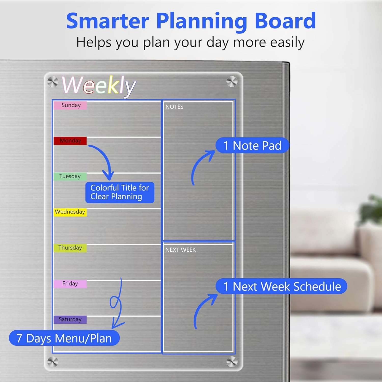 Zenbeya Clear Acrylic Meal Planner for Fridge, Magnetic Menu Board for Kitchen, Colorful Calendar Weekly Dry Erase Board for Refrigerator with 6 Magnet Markers & Eraser & Pen Holder (20X30Cm) image number 5