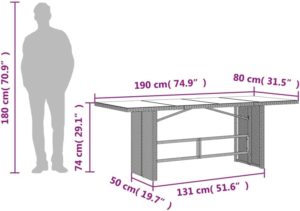 Vidaxl Rectangular Grey Poly Rattan Garden Table - Tempered Glass Top, Powder-Coated Steel Frame, UV-, Outdoor Patio Dining - 190X80X74Cm - Black image number 7