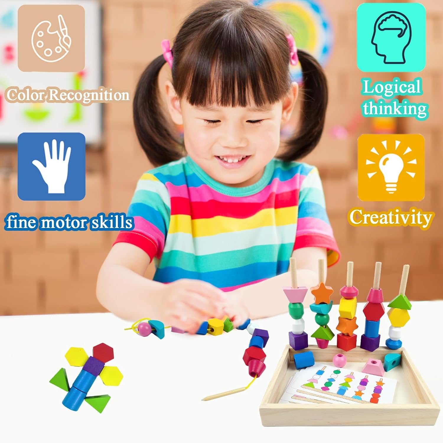 Threading Toys for 2 3 4 5 Year Olds,Montessori Toy for 2 3 4 5 Year Olds,Fine Motor Skills,Montessori Beads Sequencing Set image number 5