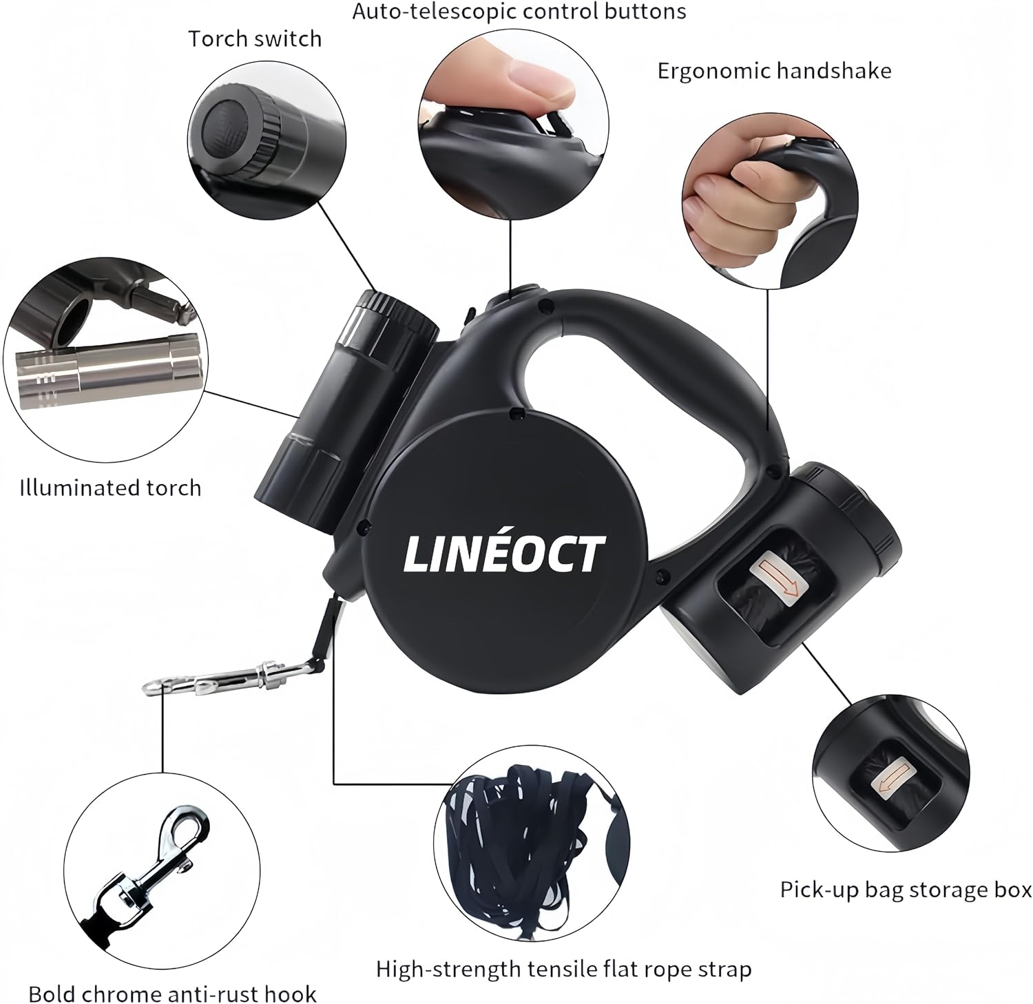 LIN&Eacute;OCT Retractable Dog Leash for Night Walking, with LED Light & Custom Drawing Area, 5M Lead for Small Medium Dogs (Black) image number 4