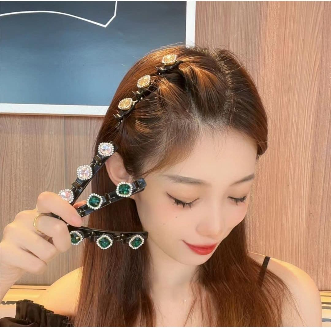 PTNKUIIY Pack of 2 Hair Clips with Clips, Glitter Crystal Stone Hair Clip Double Bang Hairstyle Hair Pin Clips with 3 Hair Clips Hair Bands with Hair Clips for Thick Hair for Women Girls, Green image number 2