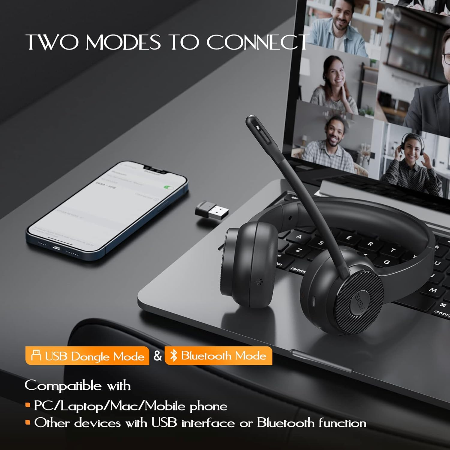 EKSA Wireless Headset, Bluetooth 5.2 Headset with Noise Cancelling Microphone & USB Dongle, 55H Playtime on Ear Headphone for Home Office, Remote Work, Call Center, Suitable for Phone PC Laptop Tablet image number 3