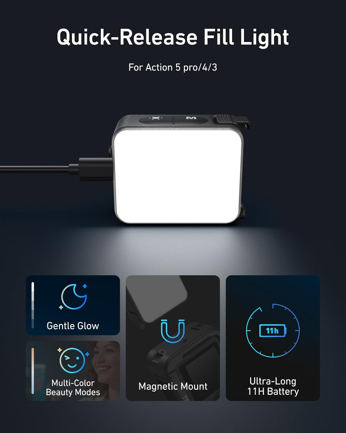 TELESIN Mini LED Video Light with Magnetic Quick Release, Magnetic Photography Fill Lighting for DJI Osmo Action 6 5Pro 4 3 Camera Cage Accessories image number 5