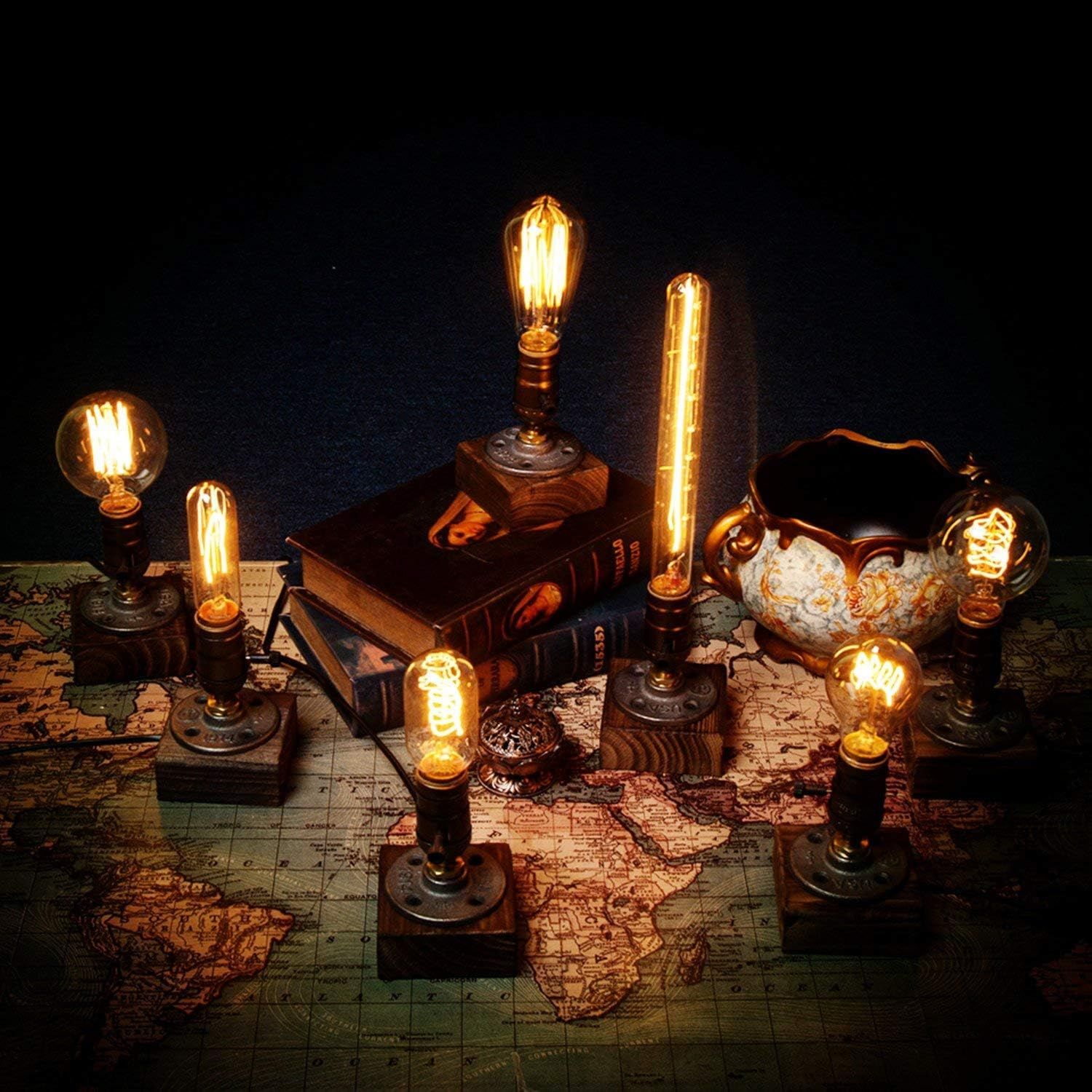 JINYU Weathered Wood Night Light Table Lamp Vintage Desk Lamp E26/E27 Edison Bulb Wooden Base Retro Industrial Steampunk Iron Pipe Flange Dimmable Nightlight for Bedroom Living Room Home Art Display image number 1