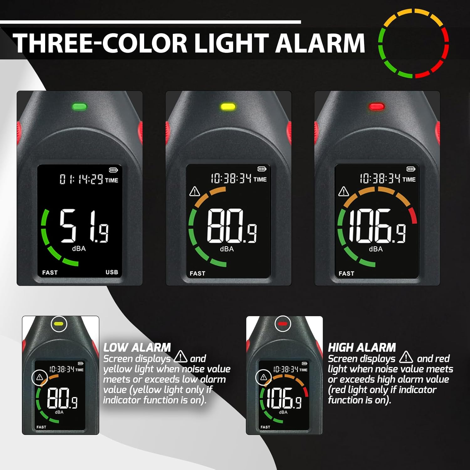 Decibel Meter Data Logger Portable Sound Decibel Meter, Sound Level Meter with 31,000 Data Record & Export, Rechargeable Noise Meter with A/C Frequency DC Output, 3-Color Alarm, Real Time Measurement image number 6