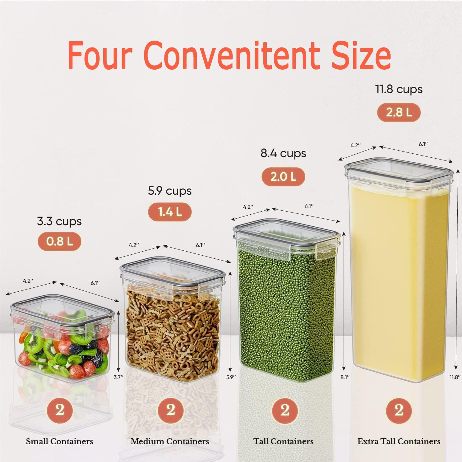 Airtight Food Storage Container Set, Pantry Organization Containers, Plastic Kitchen Storage Canister Sets with Lids, Stackable Food Container Sets for Cereal, Flour, Snack (Set of 8) image number 5