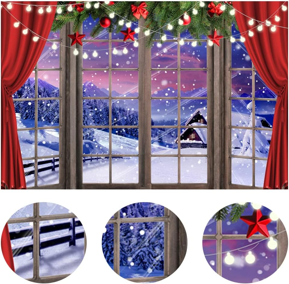 LYCGS 10X8FT Christmas Backdrop Xmas Window Photography Backdrop Winter Dream Wonderland Snow Tree Red Curtain Christma Photo Backdrop Studio Props Banner X-67