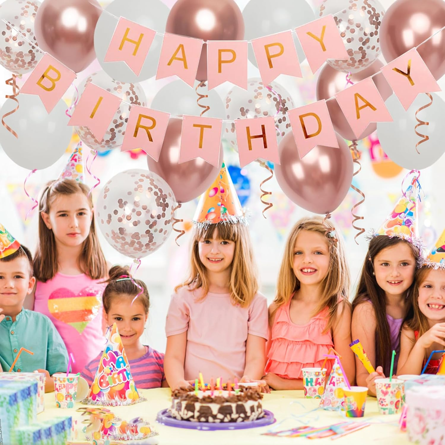 Happy Birthday Banner, Rose Gold Birthday Decoration, 16 Pcs 12 Inch Happy Birthday Balloons with 2 Ribbons for Girl and Women Birthday Party Decoration