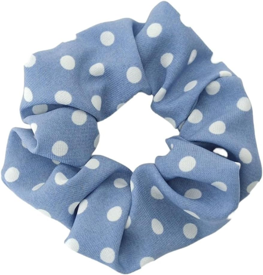 Blausky Pack of 2 12 Cm Polka Dots Hair Bobbles for Women, Soft Elastic Hair Bands, Fabric Hair Band, Scrunchies with Dots, Retro French Hair Accessories for Tea Party, Wedding, Denim Blue image number 1