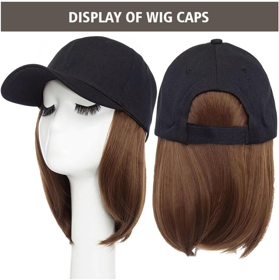 Baseball Cap with Hair Extensions, Straight Short Bob Wigs Hat for Women Girls Adjustable with Hair, Removable Synthetic Hat (Light Brown) image number 2