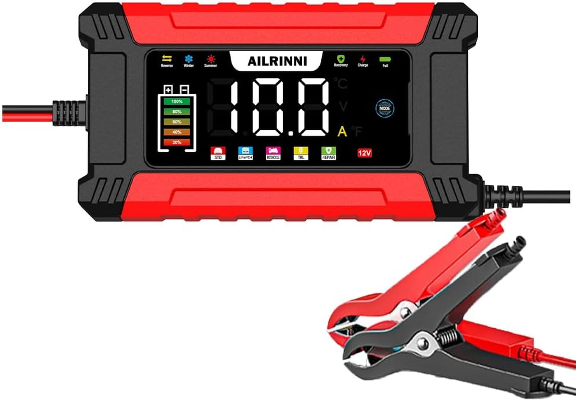 AILRINNI 10-Amp Car Battery Charger, 12V Smart Car Battery Charger AU Plug,Trickle Charger for Car - Smart Fully-Automatic Battery Maintainer with Temperature Compensation and LCD Display image number 4