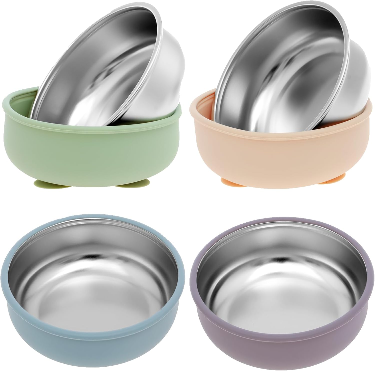 4 Pack 304 Stainless Steel Baby Bowl with Removable Silicone Shell Non Slip Child Food Bowl with Suction 4 Colors Safe Toddler Bowls (4Pcs)
