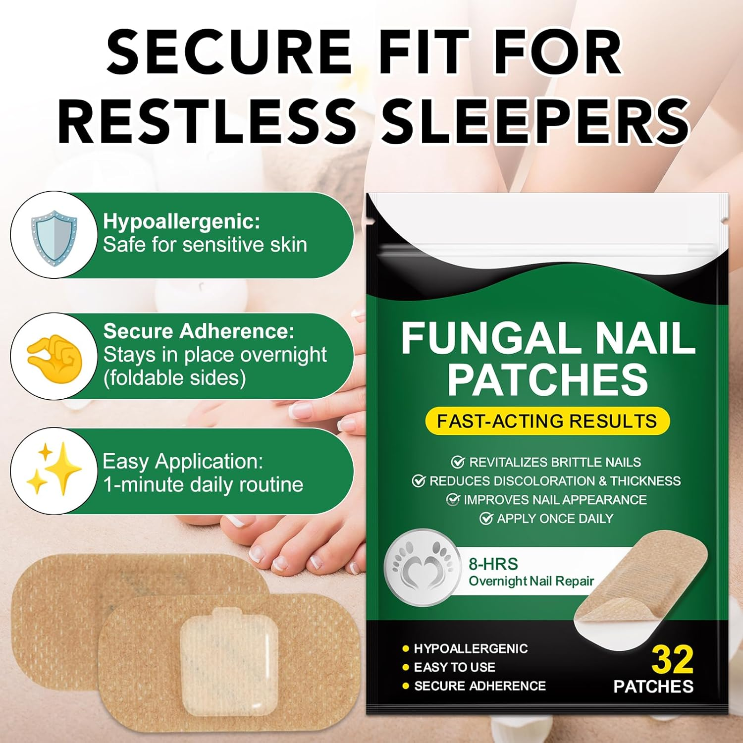 Furnrubden Fungal Nail Treatment Patches 32-Pack, 8-Hour Overnight Repair, Hypoallergenic Adhesive for Thick and Discoloured Nails image number 1