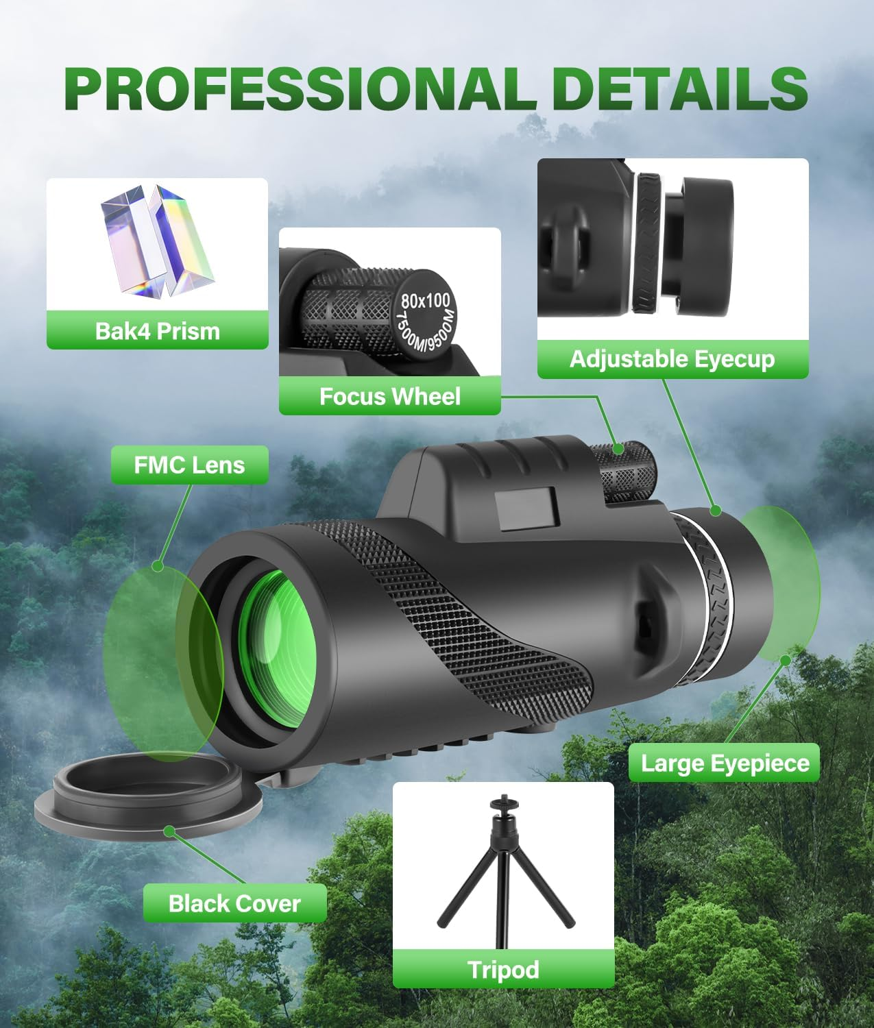 PAHTTO Monocular 80 X 100 Zoom, Monocular Telescope with Smartphone Holder and Stretchable Tripod, Monocular Telescope Waterproof for Bird Watching, Hunting, Travel, Concert, Outdoor Sports image number 1