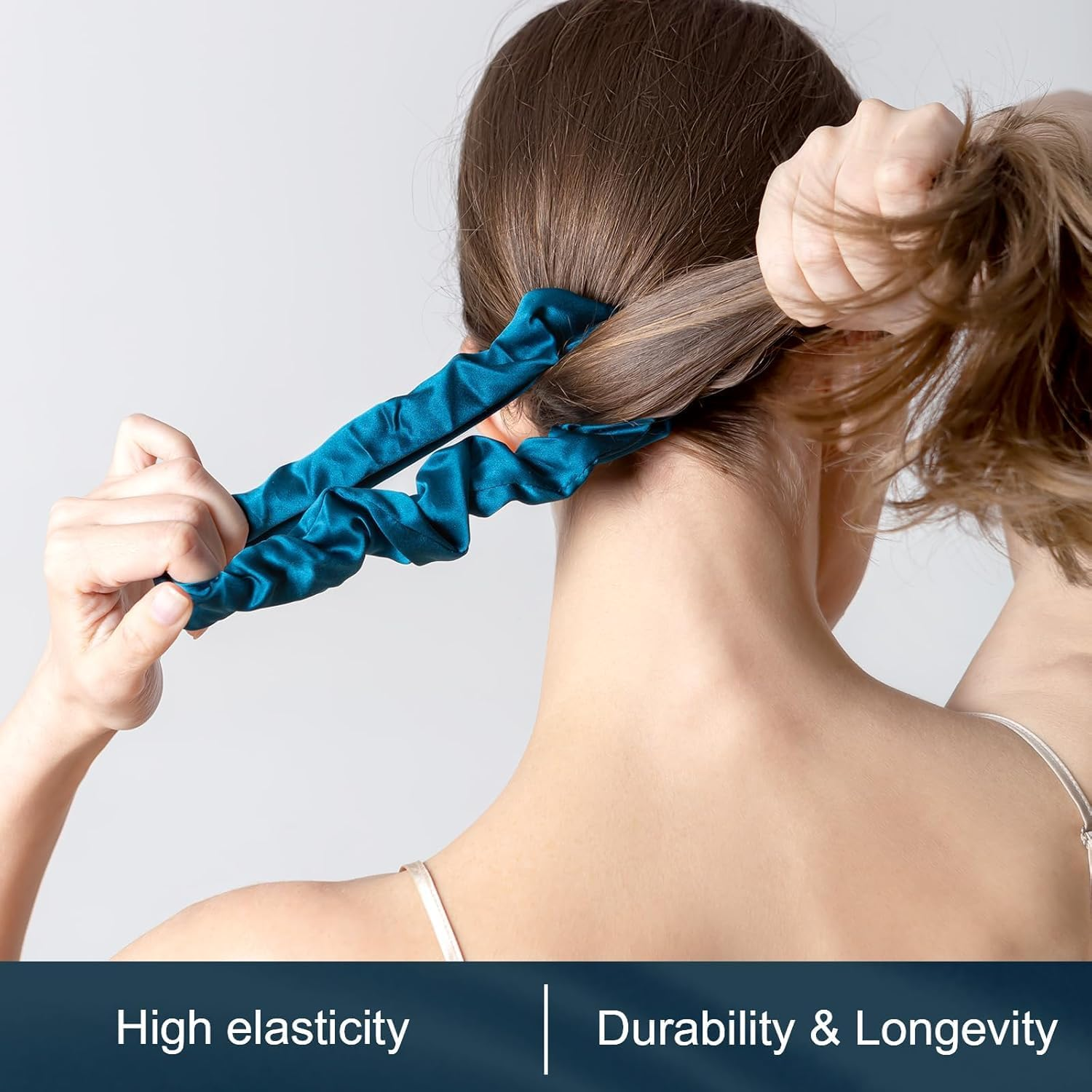 100% Mulberry Silk Scrunchies Hair Tie - No Damage, Prevents Frizz, 1 Pack (Peacock Blue) image number 3
