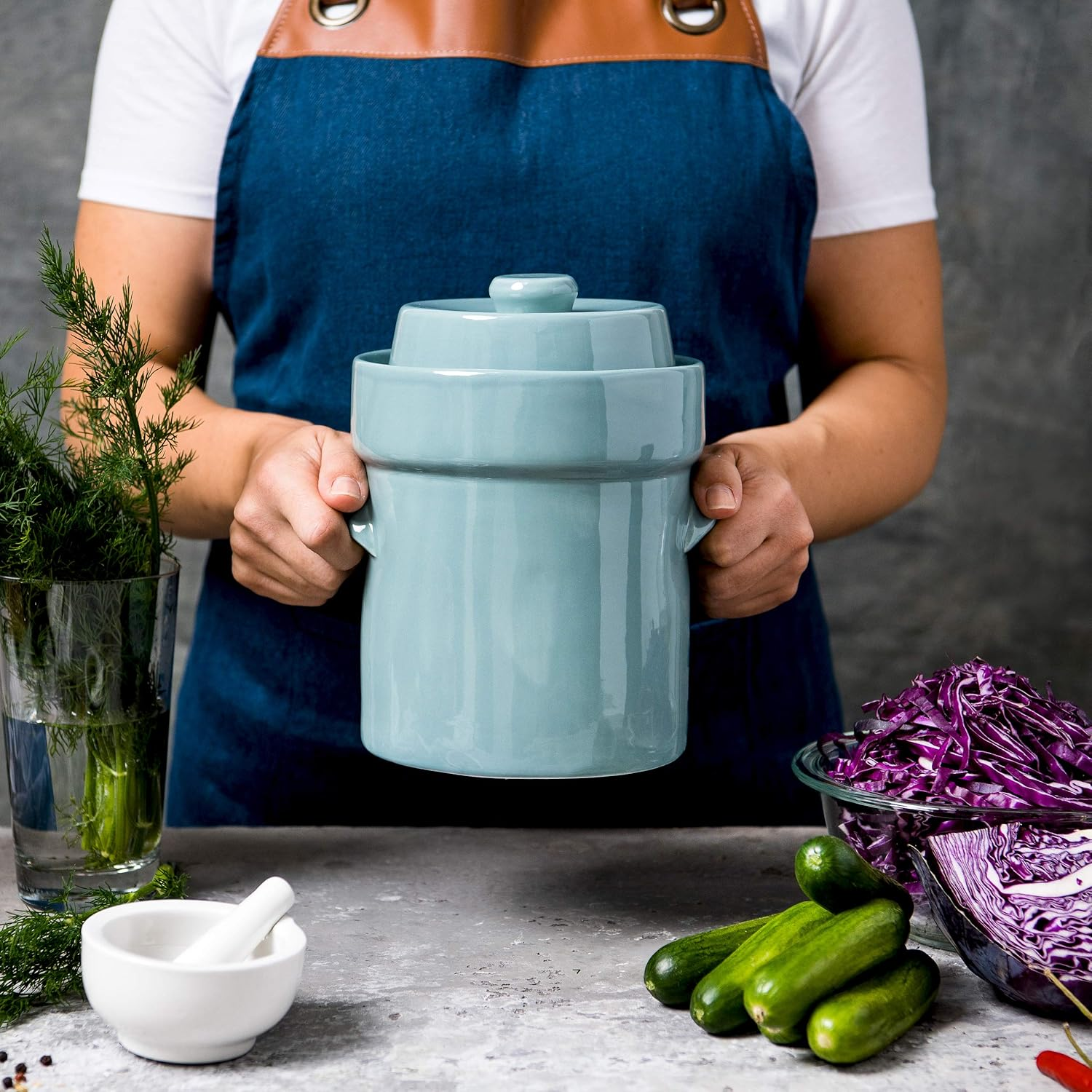 Fermentation Crock Jar Sauerkraut Crock - Onggi Kimchi Pot 2L (0.5 Gallon) Ceramic Fermenting Crock with Glazed Weights for Fresh Chinese Pickle, Kimchi & Kombucha - Stoneware Pickling Crock image number 5