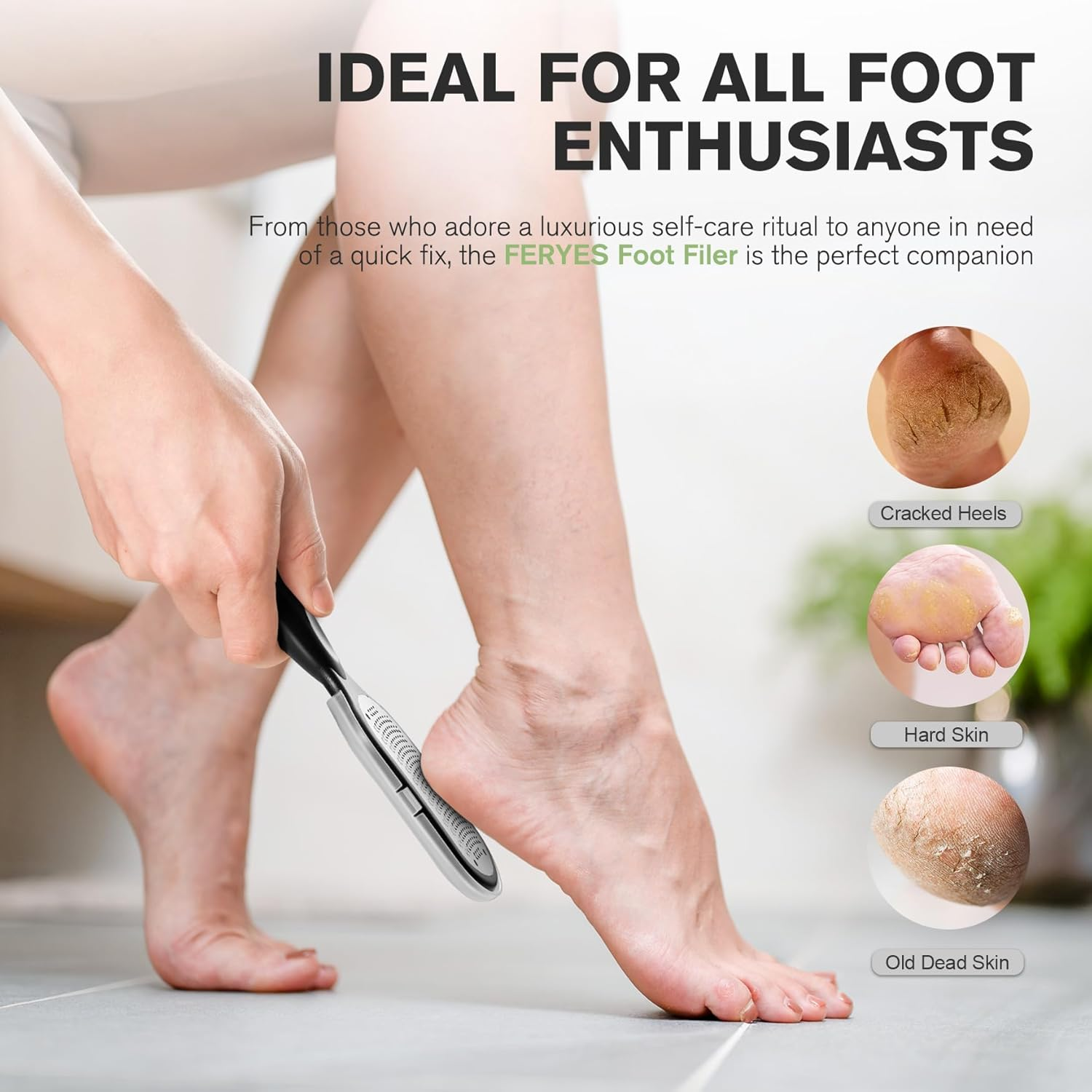FERYES Foot File Callus Remover with Dead Skin Catcher &ndash; the Genius Foot Scrubber for Mess-Free Pedicures, Heel Scraper for Cracked Heel Treatment, Wet & Dry Use Feet Rasp - Black