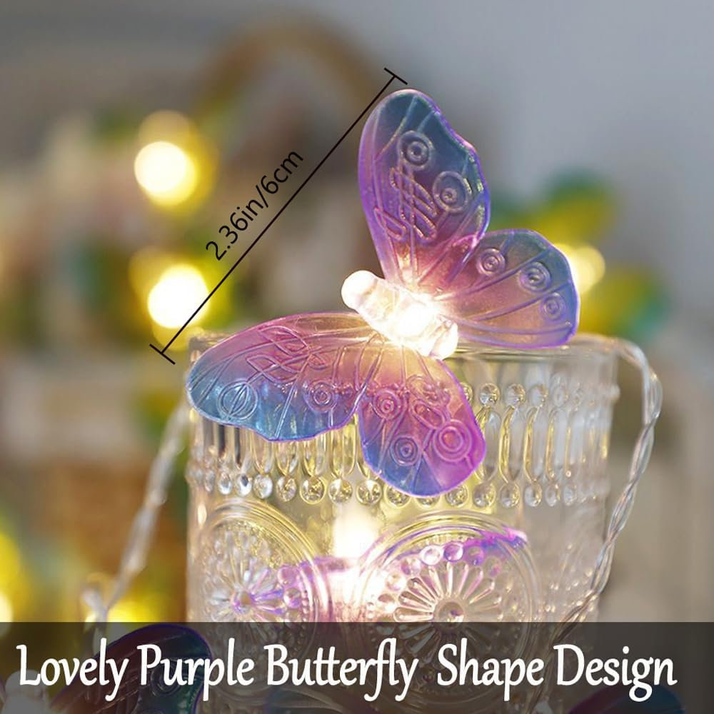 Fielegen 20 LED Butterfly String Lights, 9.84Ft/3 Meter Battery Powered Purple Butterfly Fairy Lights for Home Bedroom Indoor Outdoor Garden Wedding Party Holiday Summer Decoration - Cherry image number 7