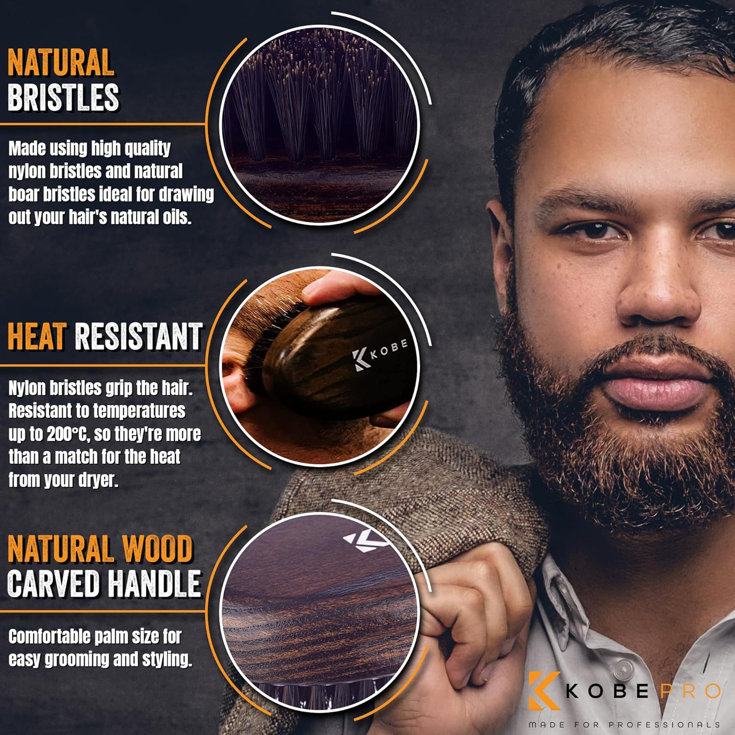 Kobe Palm Men'S Dark Wood Oval Military Hair Brush - Hand Sized Grooming Tool with Natural Boar and Nylon Mix Bristles for Hair and Beard image number 1