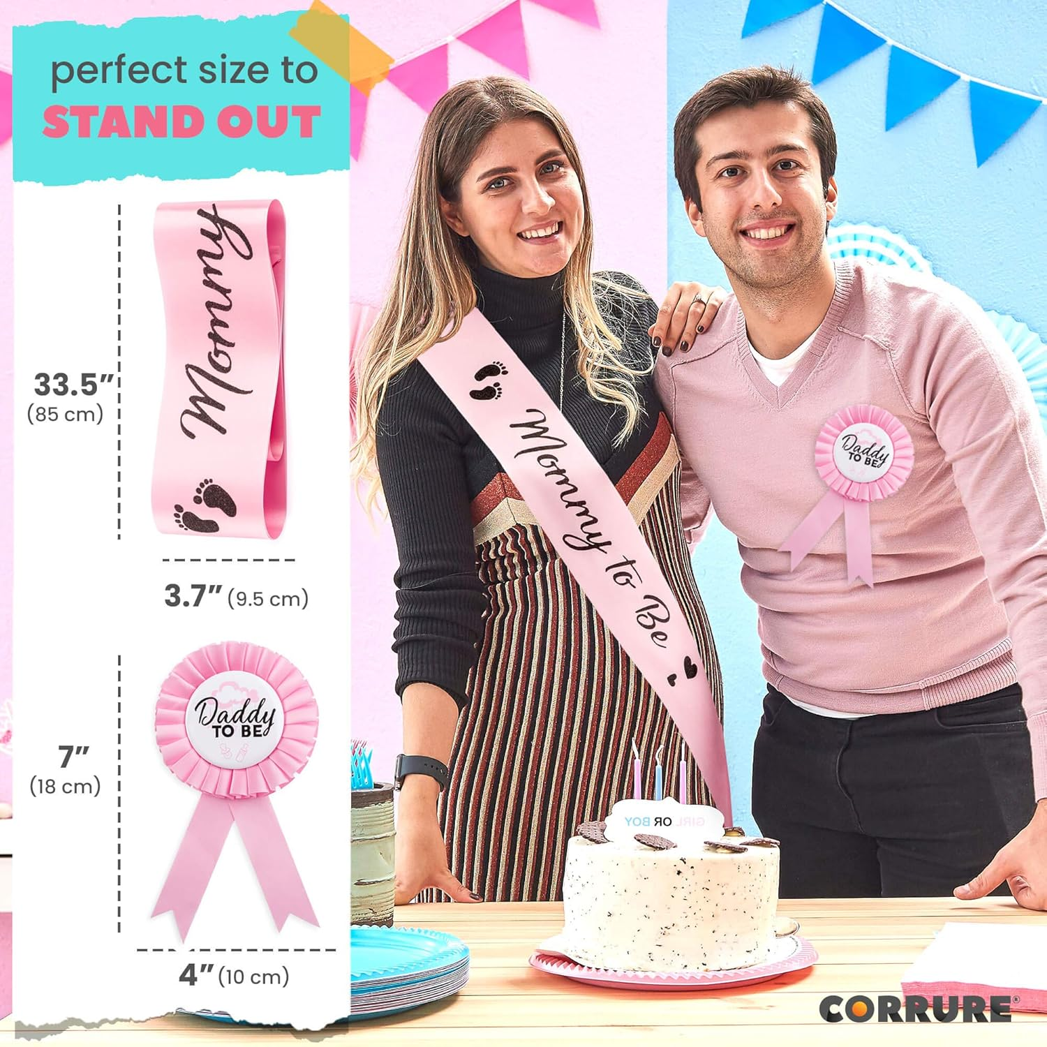 CORRURE Baby Shower Sash and Button Pin for Girl - 'Mommy to Be' Sash and 'Daddy to Be' Pin with Beautiful Pink Ribbon and Black Foil Text - Ideal Mom and Dad Gender Reveal/Baby Shower