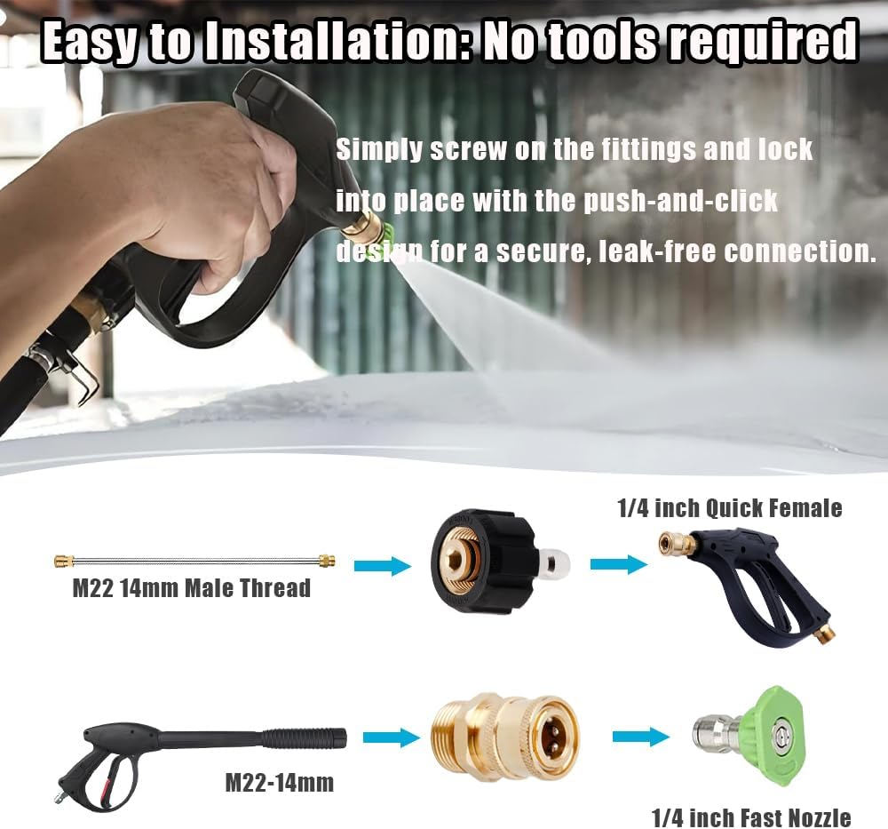 Yakamoz Pressure Washer Quick Connect Fittings, Quick Disconnect Kit, M22 Metric Male Tread Quick Connector, M22 Swivel to 1/4 Inch Quick Connect,4500Psi image number 6
