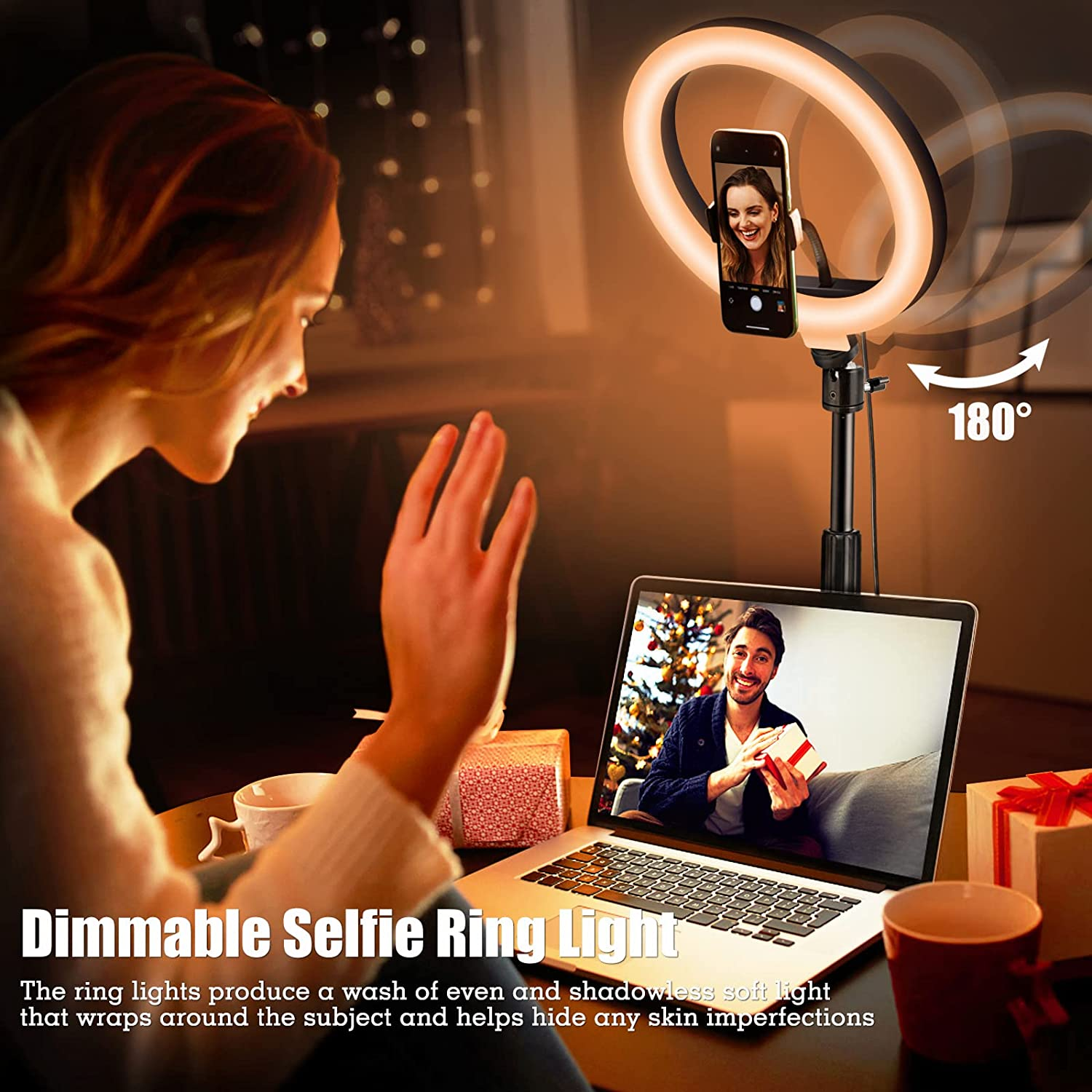 Selfie Ring Light with Stand and Phone Holder, 10'' Dimmable Desktop LED Circle for Laptop,Computer, Lighting Kit Gifts Live Streaming/Laptop Video Conference/Chat/Makeup/Youtube/Tiktok/Vlog image number 3