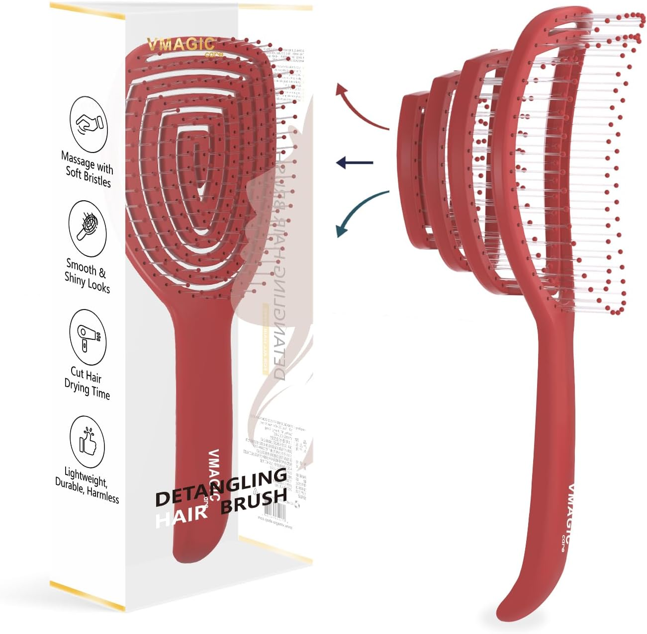 Detangling Hair Brush for Women, Men & Children, No Tugging Pull Hairbrush for Straight, Curly & Wet Hair (Wine Red)