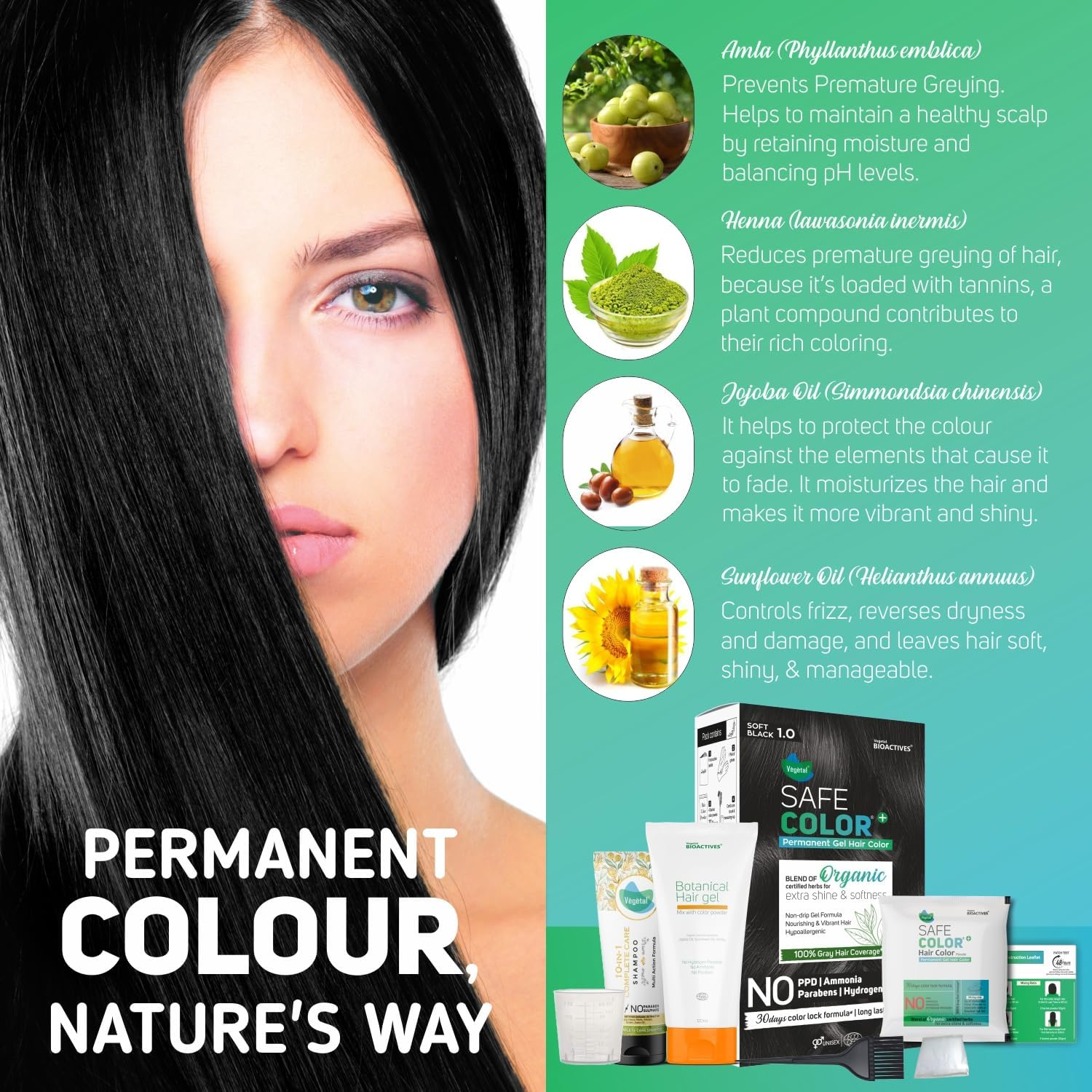 Vegetal Safe Color+ Organic Permanent Gel Hair Color -Soft Black, 190 Ml | No Ammonia, No PPD, No Parabens, No Hydrogen Peroxide Herbal Permanent Hair Dye with 30 Days Lock Formula image number 3