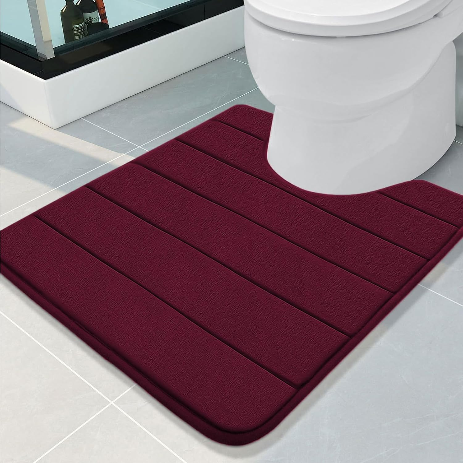 Buganda Memory Foam U-Shaped Contour Toilet Rugs, Non Slip Absorbent Toilet Mat, Thick Soft Washable Bathroom Rugs, Floor Carpet Bath Rugs Mat for Toilet Base (24" X 20", Burgundy) image number 1