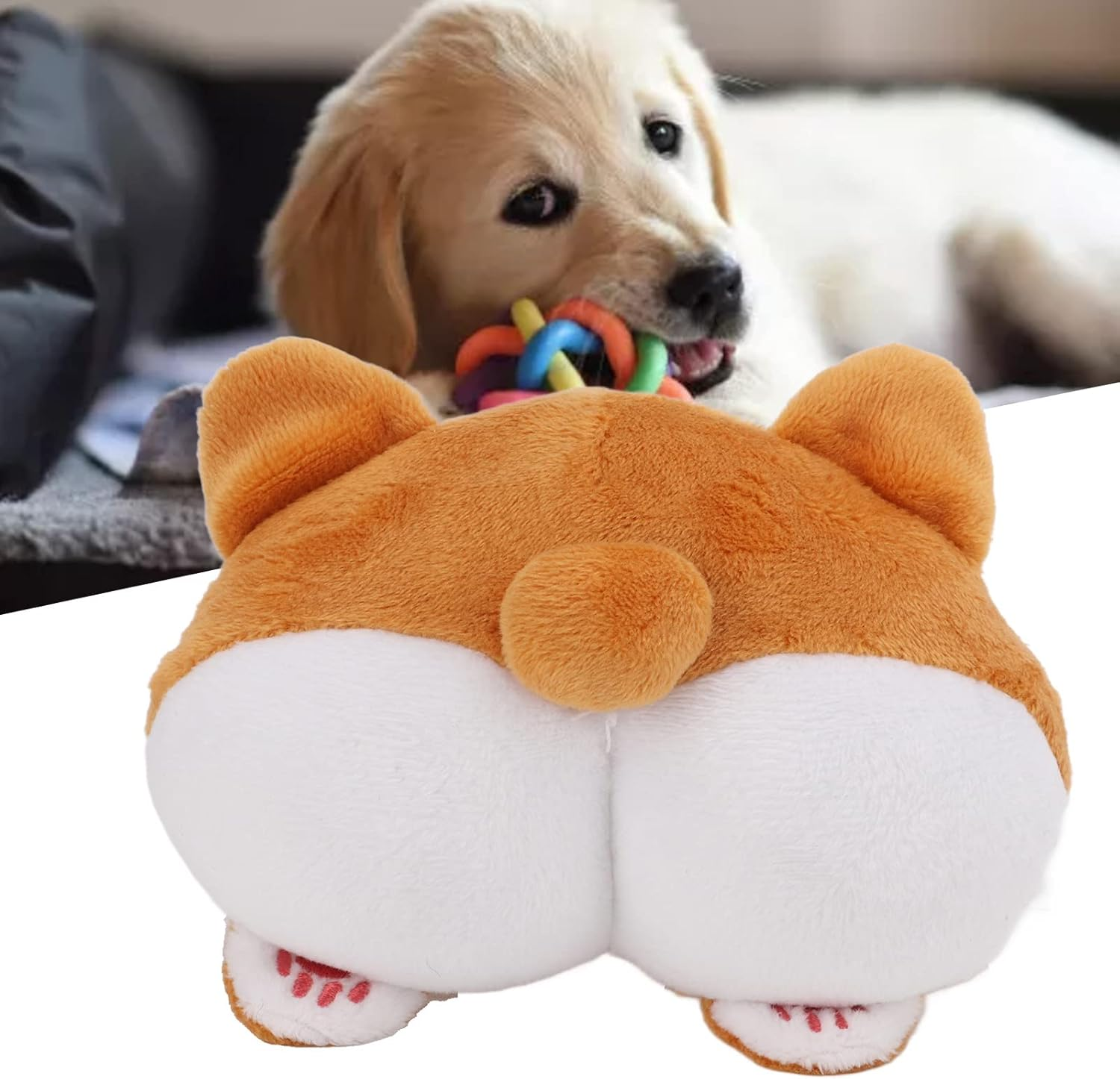 Plush Squeaky Dog Toys, Corgi Ass Plush Squeaky Toy Cleaning Teeth Pet Chew Toys, Attractive and Funny Puppy Squeaky Teething Toys for Small and Medium Sized Dogs image number 4