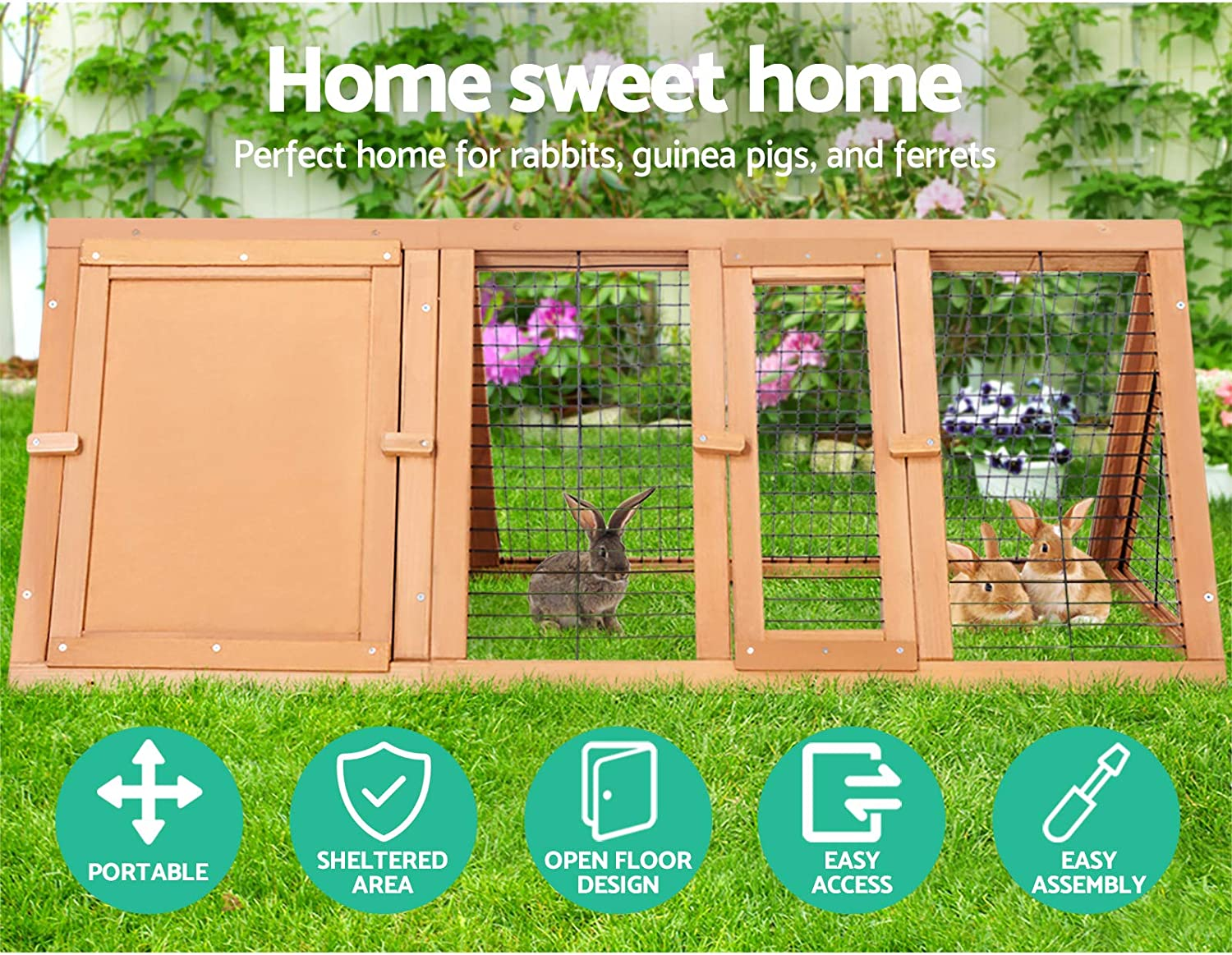 I.Pet Chicken Coop Wooden Rabbit Hutch, Triangle Bunny Cage Rabbits Wood Pet House Run Cages Walk in Guinea Pig Ferret Hen Chook Coops, Outdoor Metal Door Roof Weatherproof DIY Farm image number 5