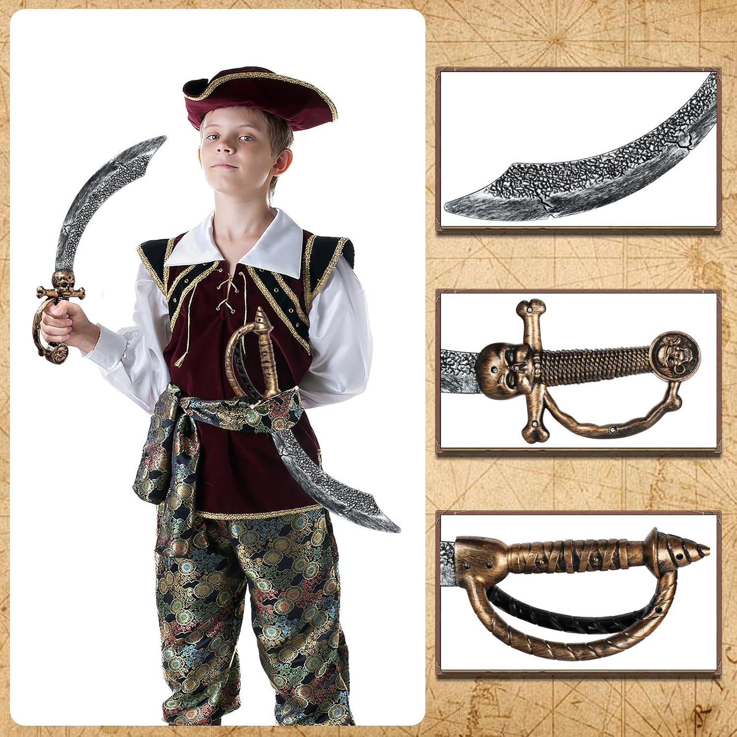 2Pcs Pirate Sword,18" Plastic Toy Sword for Kids,Pirate Costume Accessories for Adult Halloween Cosplay,Party Dress-Up Brown