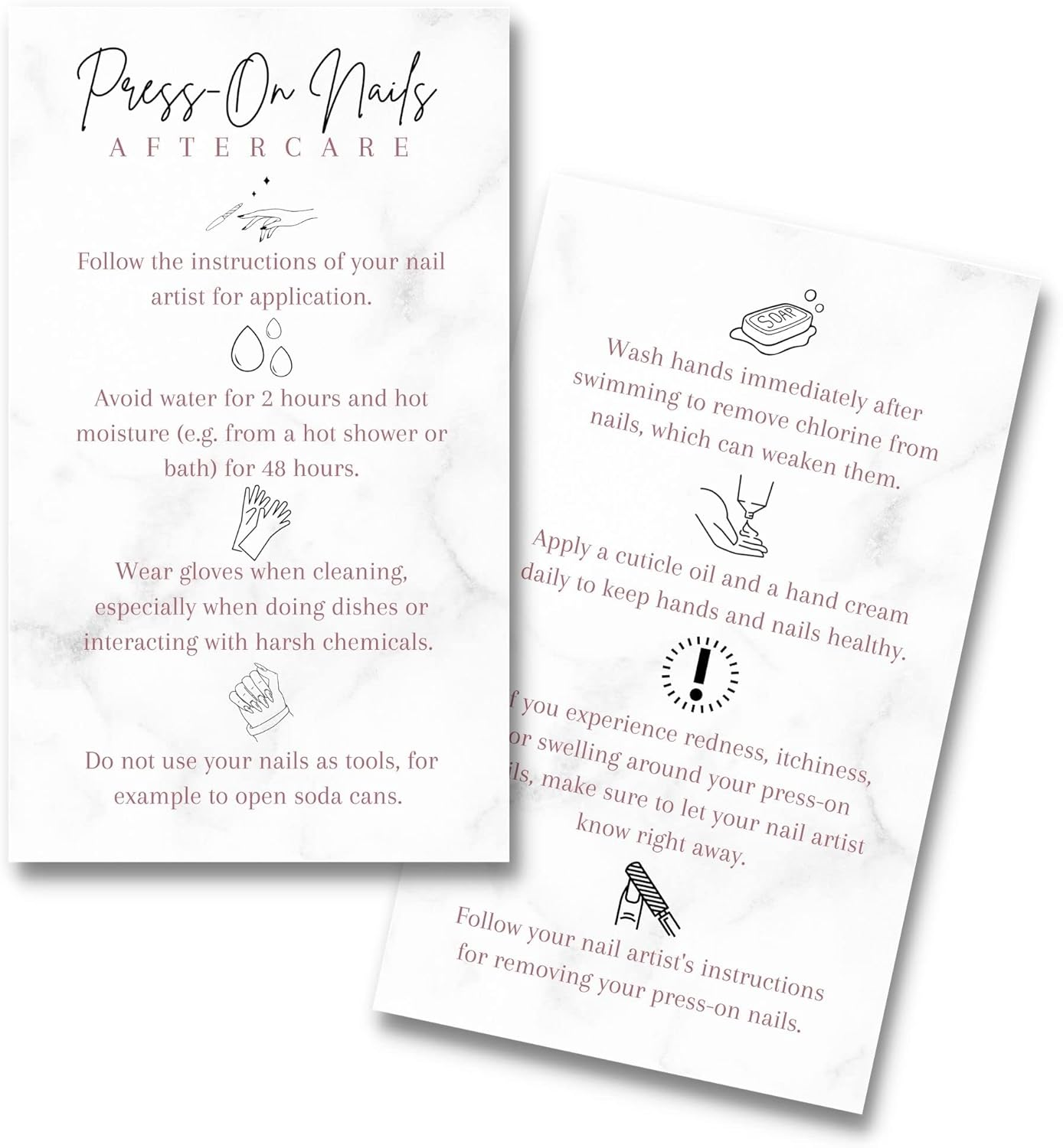 Press-On Nail Aftercare Cards | 50 Pack | 2X3.5" Inch Business Card Size | Add to Your DIY Press-On Nail Kit | Marble Design image number 3