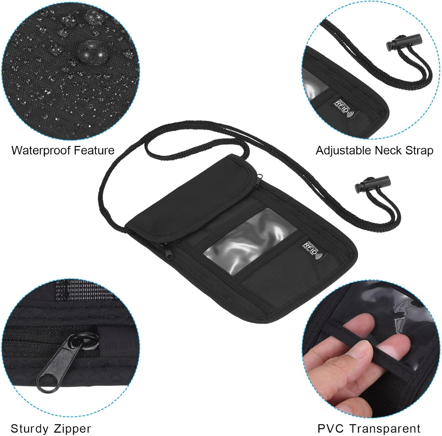 Uxcell Neck Wallet Travel Pouch, Passport Holder RFID Blocking Waterproof Neck Pouch with Adjustable Strap for Women & Men, Black image number 5