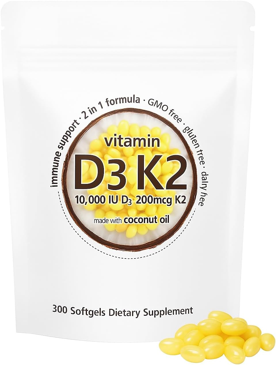 Vitamin D3 K2 with Coconut Oil (300 Softgels) | 10,000 IU D3 + 200 Mcg K2 (MK-7) | Non-Gmo, Soy-Free, Easy to Swallow image number 2
