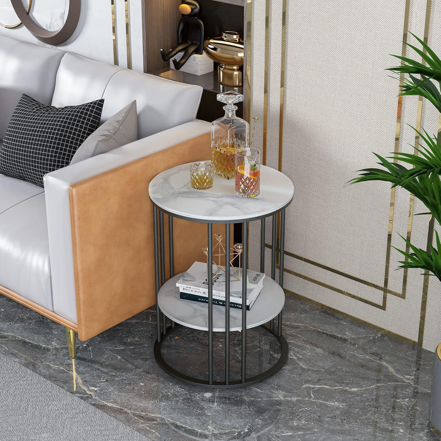Marble Top Side Table Black: Small Circle End Tables 40 X 54Cm Sintered Stone Bedside with Metal Black Legs Modern White Nightstand 2 Tier round Sofa Side Table for Bedroom Living Room Furniture - Black image number 5