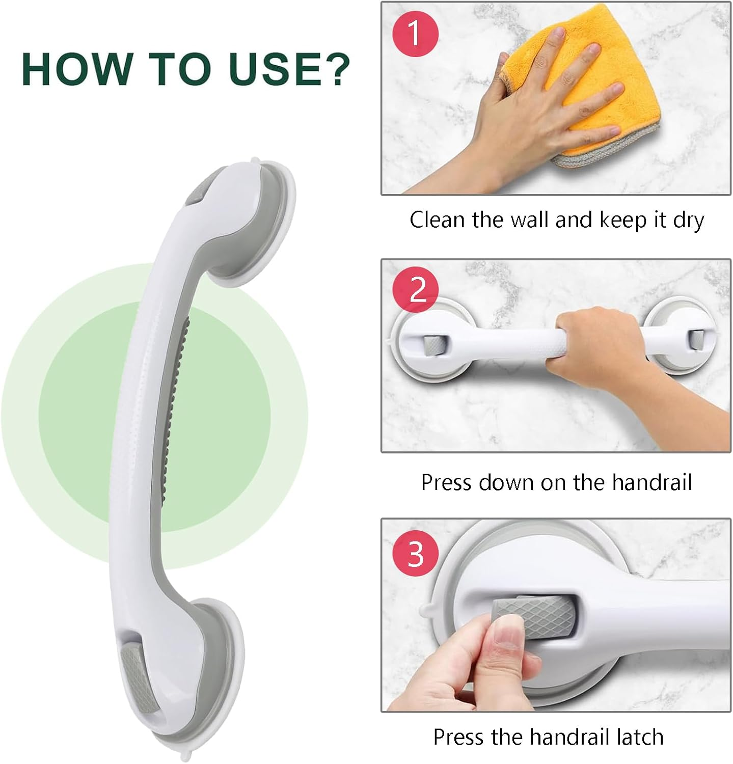 Suction Grab Rod for Showers and Bathtubs - Set of 2 Heavy Duty Shower Handles - Removable Handrails for Seniors - Bathroom Safety Grip - No Drilling Needed - Waterproof - Grey image number 2