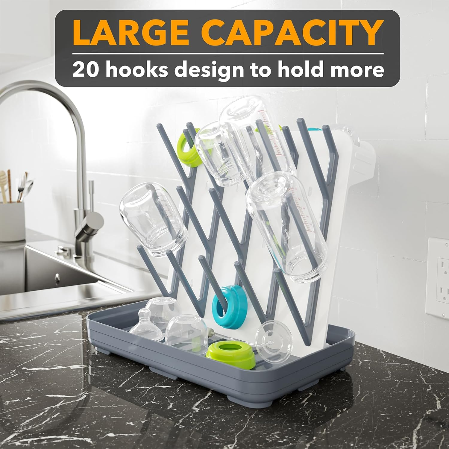 Spaceaid Baby Bottle Drying Rack with 20 Hooks, Space Saving Kitchen Bottles Rack Dryer, Vertical Baby Bottle Holder Organizer for Countertop Storage Accessories (White and Gray) - Blue image number 4