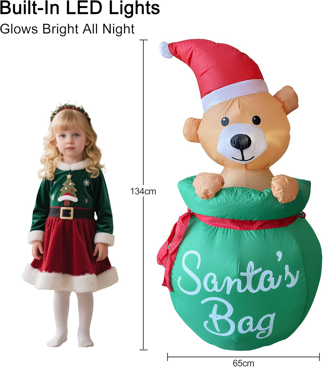 ONEIN 134CM Christmas Inflatables Teddy Bear in Santa&rsquo;S Bag with LED Lights - Cute Outdoor Blow up Decoration for Xmas Yard, Garden & Party - Weather-Resistant with Built-In Fan, Stakes & Sandbags