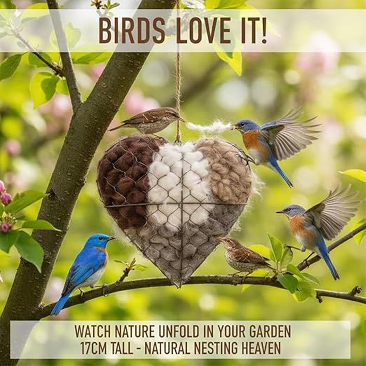 Handmade Fiber Bird Nesting Heart, Bird Nesting Heart Outdoor Art, Refillable Hangable Holder, Fiber Birds Nestings Material for Parakeet Cockatiel Canary Finch Lovebird Winter Garden Tree image number 4