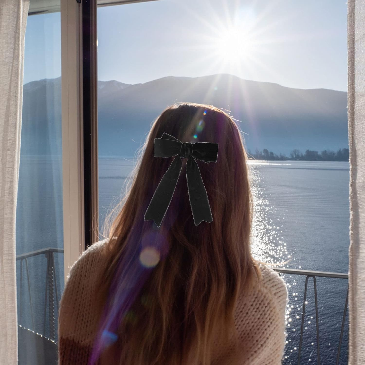 2Pcs Velvet Bow Hair Clip,Large Satin Ribbon Bow Hairpins,Bows Hair Barrettes Fastener French Hair Bows with Long Ribbon Vintage Party Hair Accessories Women Girls Gifts 2PCS (Black & Red Velvet) image number 6