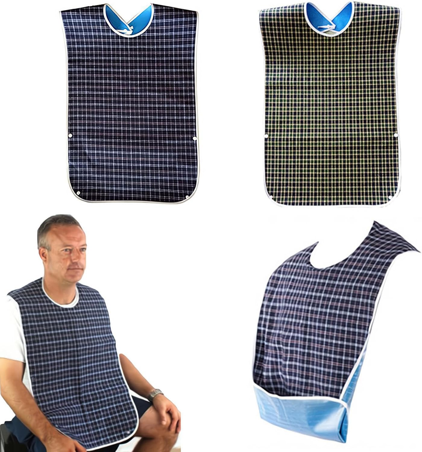 2Pcs Adult Bibs with Crumb Catcher, Waterproof and Reusable Washable Mealtime Clothing Protectors for Elderly Men and Women, Checkered image number 2