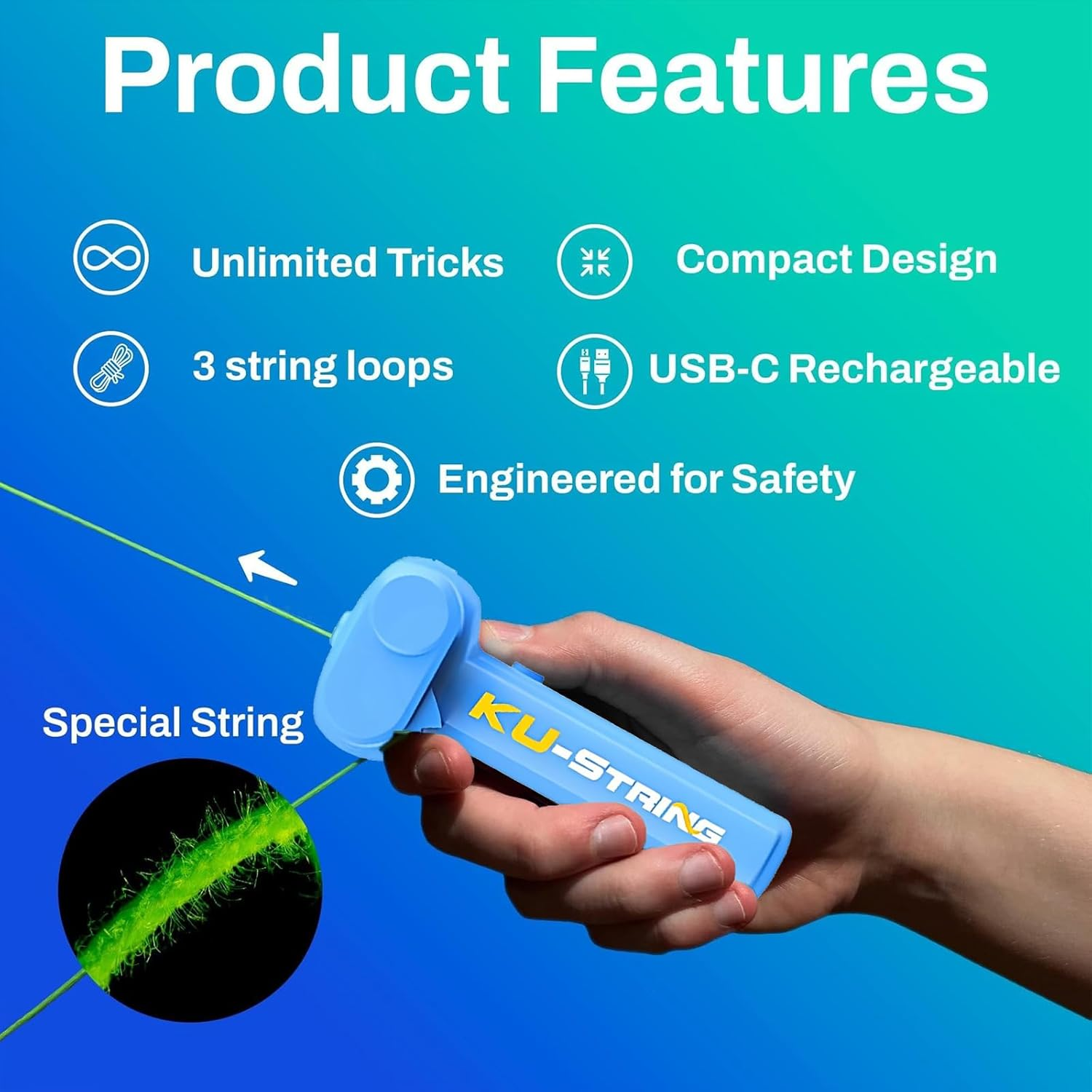 Jandoter LED Rope Launcher Toy with 3 Glowing Strings, USB Rechargeable Flying String Toy for Teens & Adults (14+ Years) image number 2