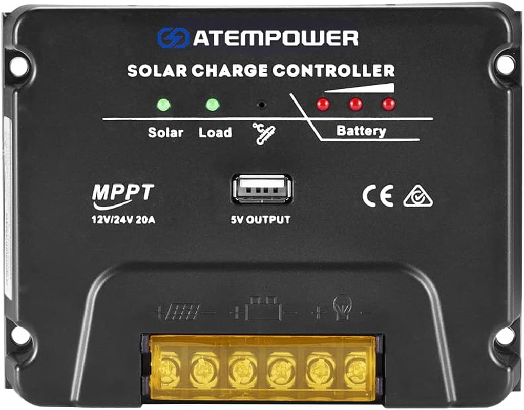 ATEM POWER 20A MPPT Solar Charger Controller 12/24V with USB Port, Multi-Stage Algorithm, Multi-Protection, Battery Regulator for Solar Panel/Load/Lead Acid Deep Cycle Battery/Lithium Battery image number 5