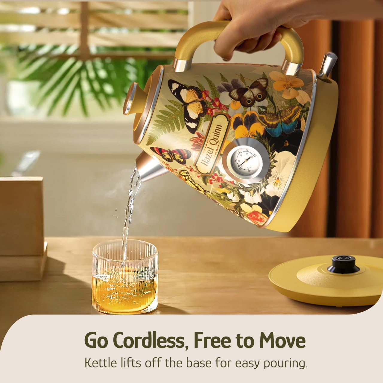 Hazel Quinn Vintage Electric Water Cordless Kettle, 304 Stainless Steel, Dial Thermometer, Fast Boiling, Auto Shut-Off, 1.7 L Capacity, 2200 W, 360&deg; Swivel Base, Floral Design by Artist Eduardo Recife - Ruby Red image number 2