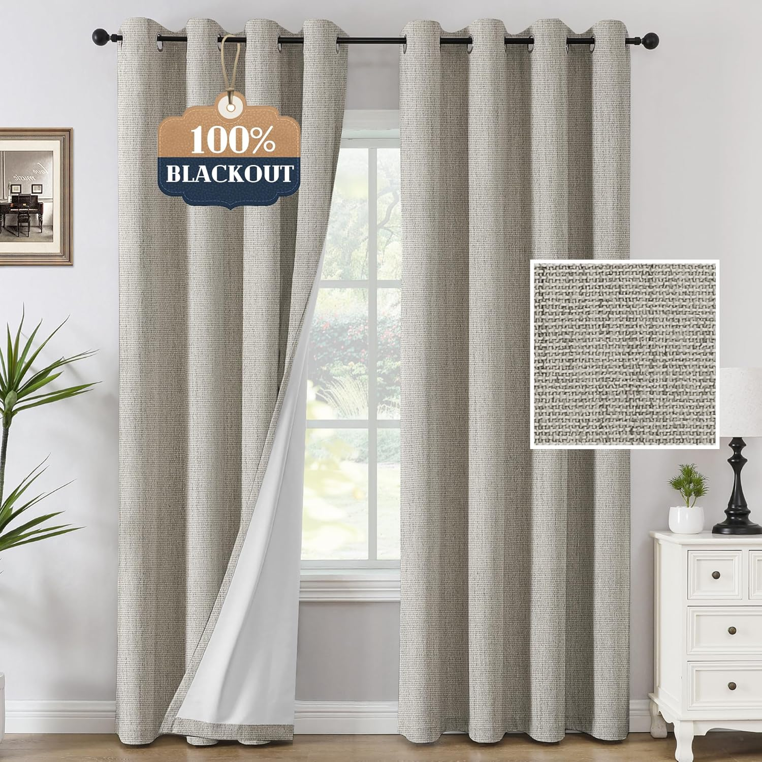 Blackout Curtains Linen Textured Thick Chenille Thermal Curtains Block Out Light and Heat Eyelet Curtains for Bedroom Blockout Curtains 243Cm Drop for Lounge and Spare Room, Heather Ivory image number 1