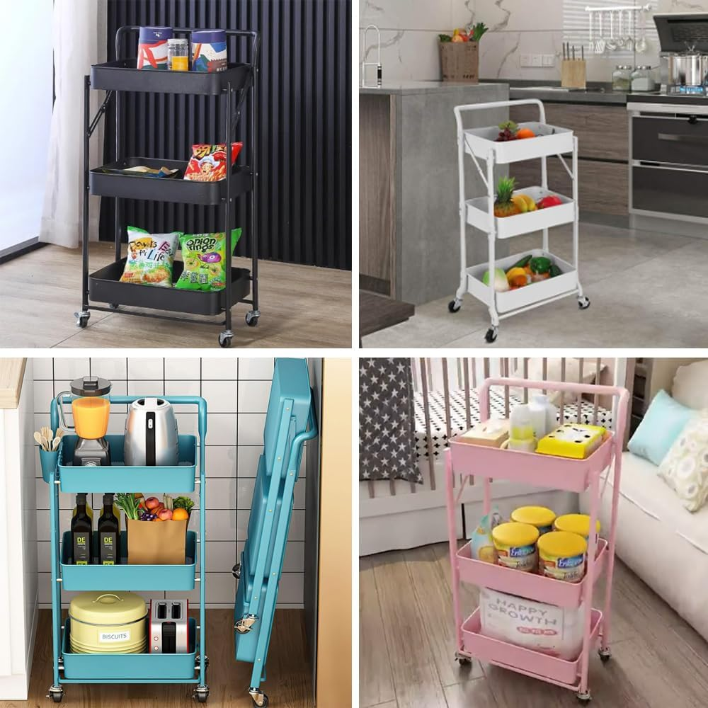 GUDAJIN 3-Tier Foldable Rolling Cart, Metal Cart with Handle, Foldable Mobile Organizer Cart, Multi-Function Storage Trolley, Rolling Storage Organizer Rack for Kitchen Pantry, Office (Black) - Blue image number 5
