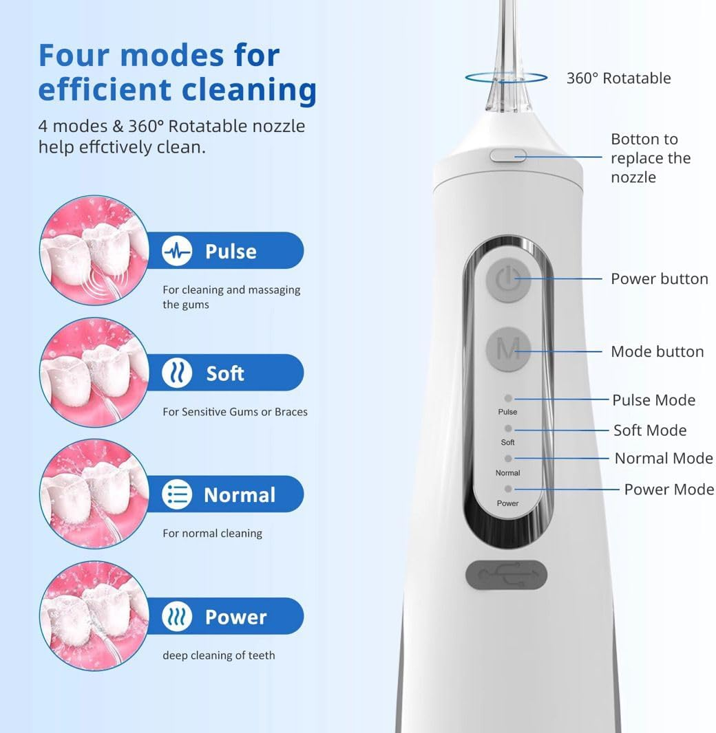 Pain Free Aussies Water Dental Flosser Teeth Pick: Portable Cordless Oral Irrigator 300ML Rechargeable Travel Irrigation Cleaner IPX7 Waterproof Electric Flossing Machine for Teeth Cleaning & Plaque Removal (White) - Black image number 2