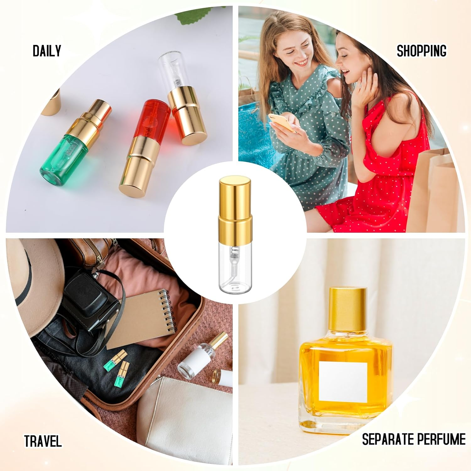 Alrhso 50Pcs 2Ml Glass Empty Tiny Spray Bottle Empty Perfume Bottles Atomizer Clear Atomizer Sprayer for Perfume Sample Bottles Refillable for Travel Fine Mist (Gold Cap) image number 4